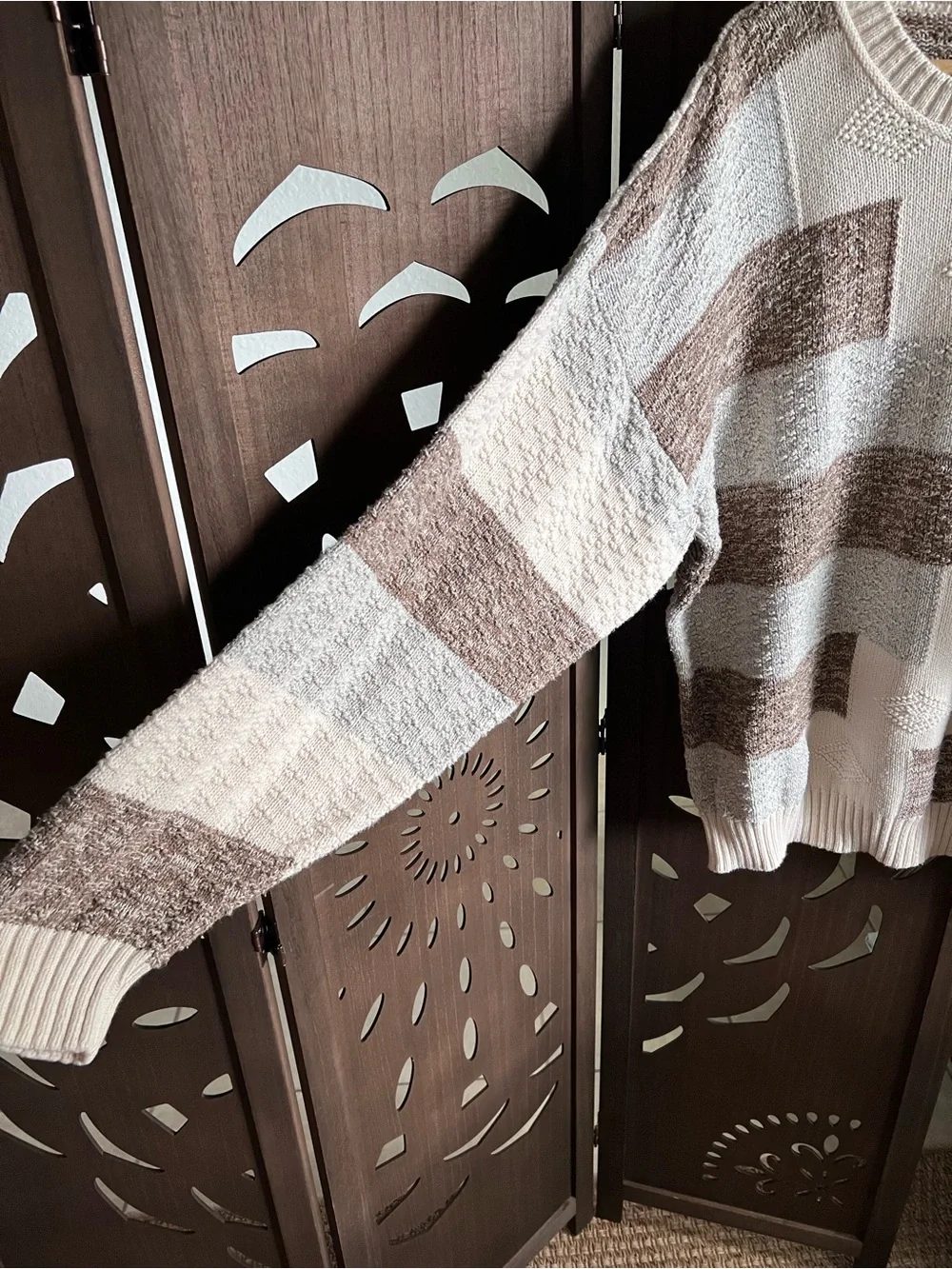 Ashley By 26 International Cream, Brown & Light Gray Geometric Crewneck Sweater